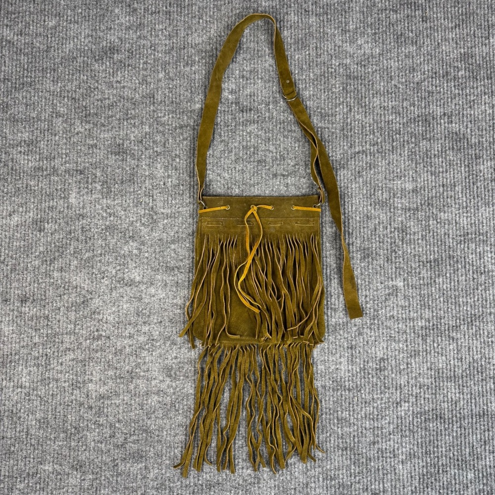 Vtg 70s Suede Fringe Bag Womens Olive Green Leather Crossbody Hippie Boho Purse